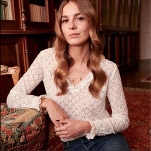 Sezane Leonora Long Sleeve Ruffle Lace V-Neck Blouse